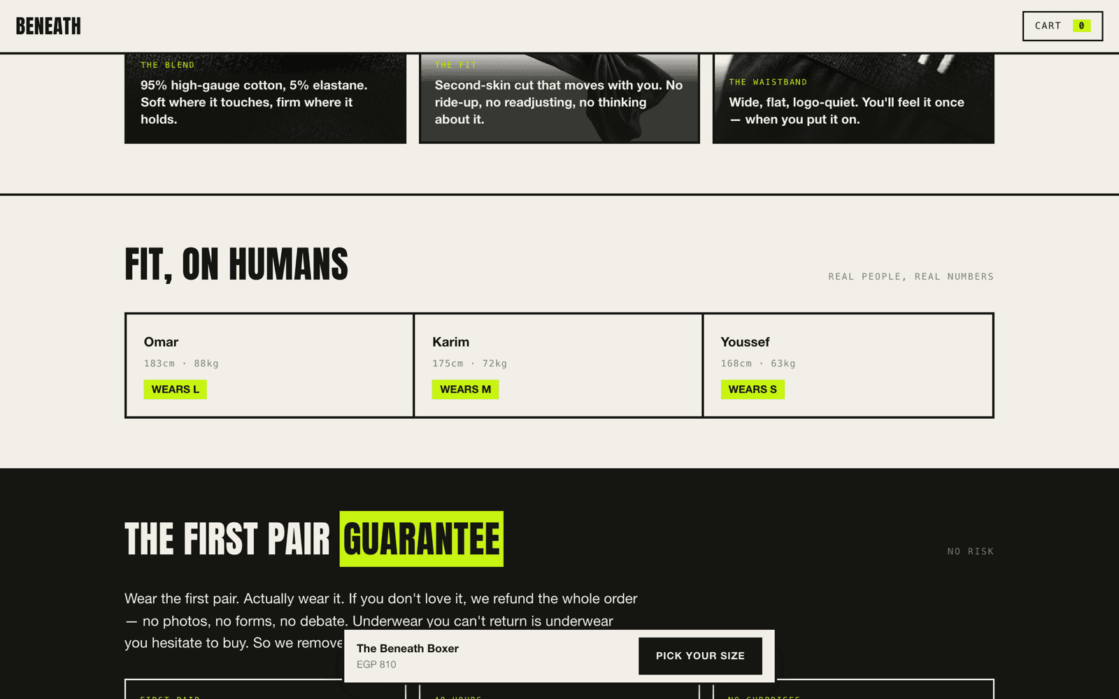 BENEATH fabric cards, fit-on-humans section and first-pair guarantee